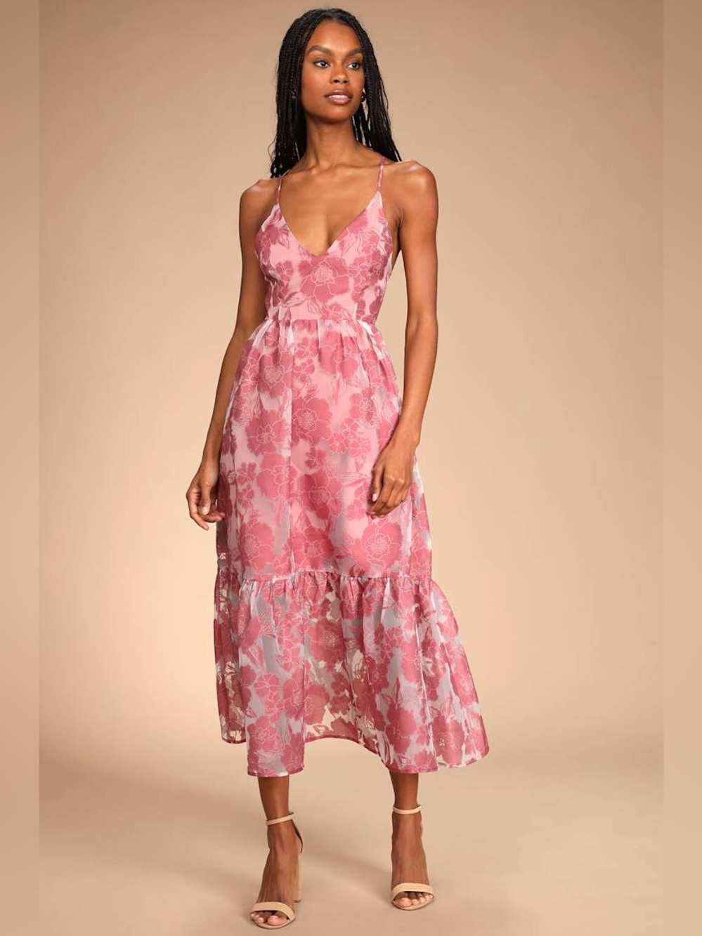 Lulus Feeling Like Forever Rose Jacquard Organza Lace-Up Midi Dress Size Large